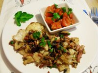 ...treska na masle so slaninkou a sampinonmi...(vecera z jednej panvice)